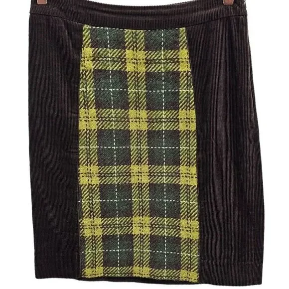 Anthropologie Maeve Womens 4 Corduroy Wool Blend Green Yellow Plaid Mini Skirt - Picture 2 of 10